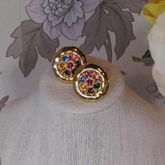 Lovely Vintage Gold toned,Multi Coloured Stone,Clip on Earrings - Picture 2 of 9